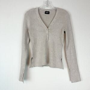 Monrow Sweater Women Medium Rib Henley Stretch Neutral Side Slits Preppy Classic